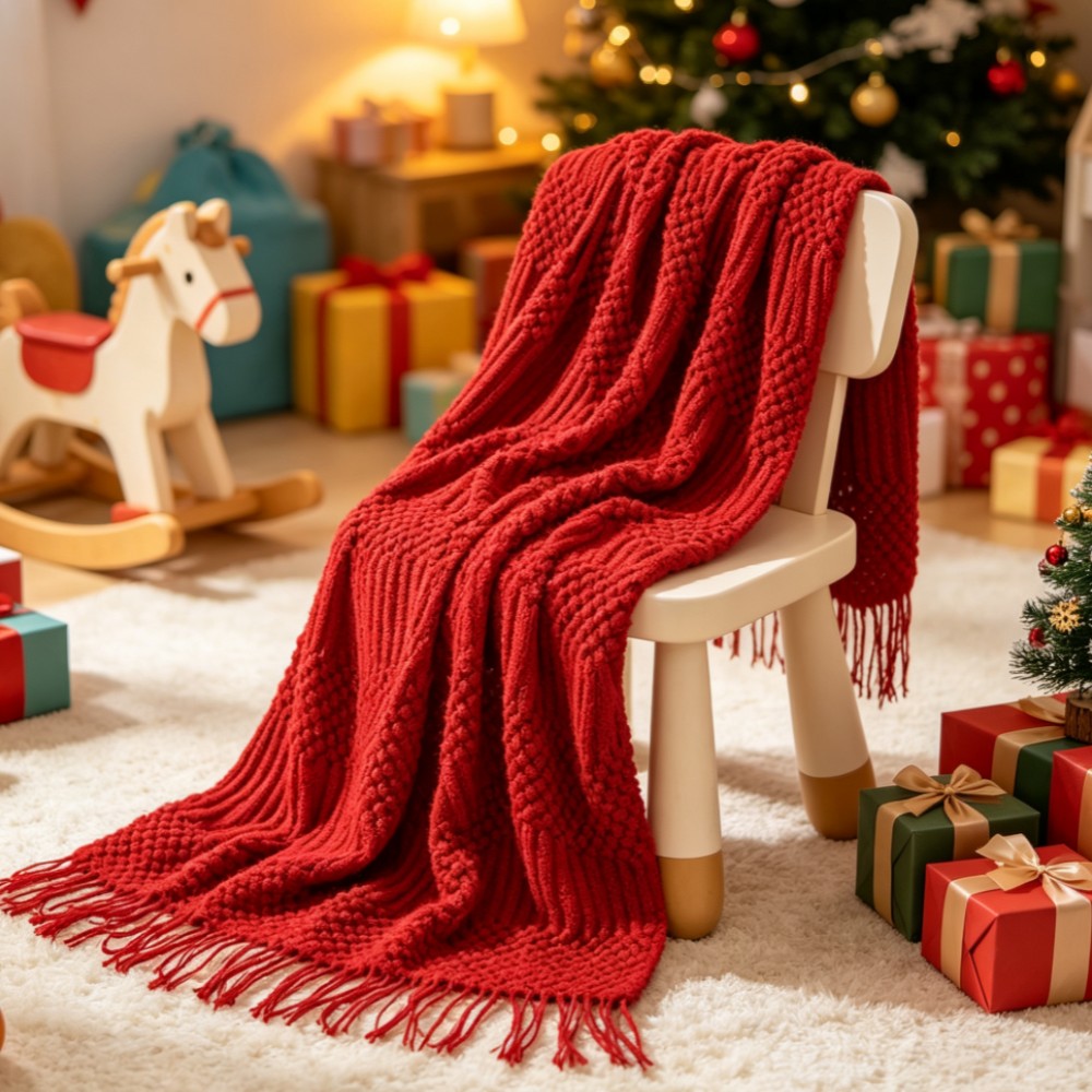 Throw Blanket Chunky Knit - Kırmızı Boho Kalın Örgü Battaniye Dokulu